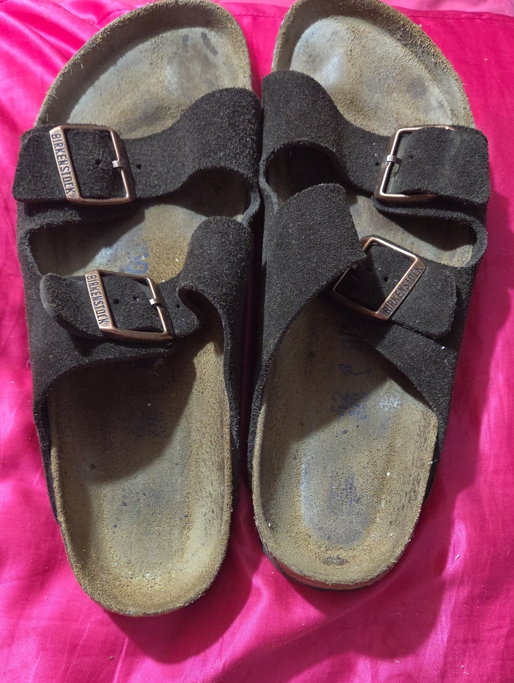 Birkenstock Dark Brown Suede Arizona Two-Strap Sandals with Copper Buckles
